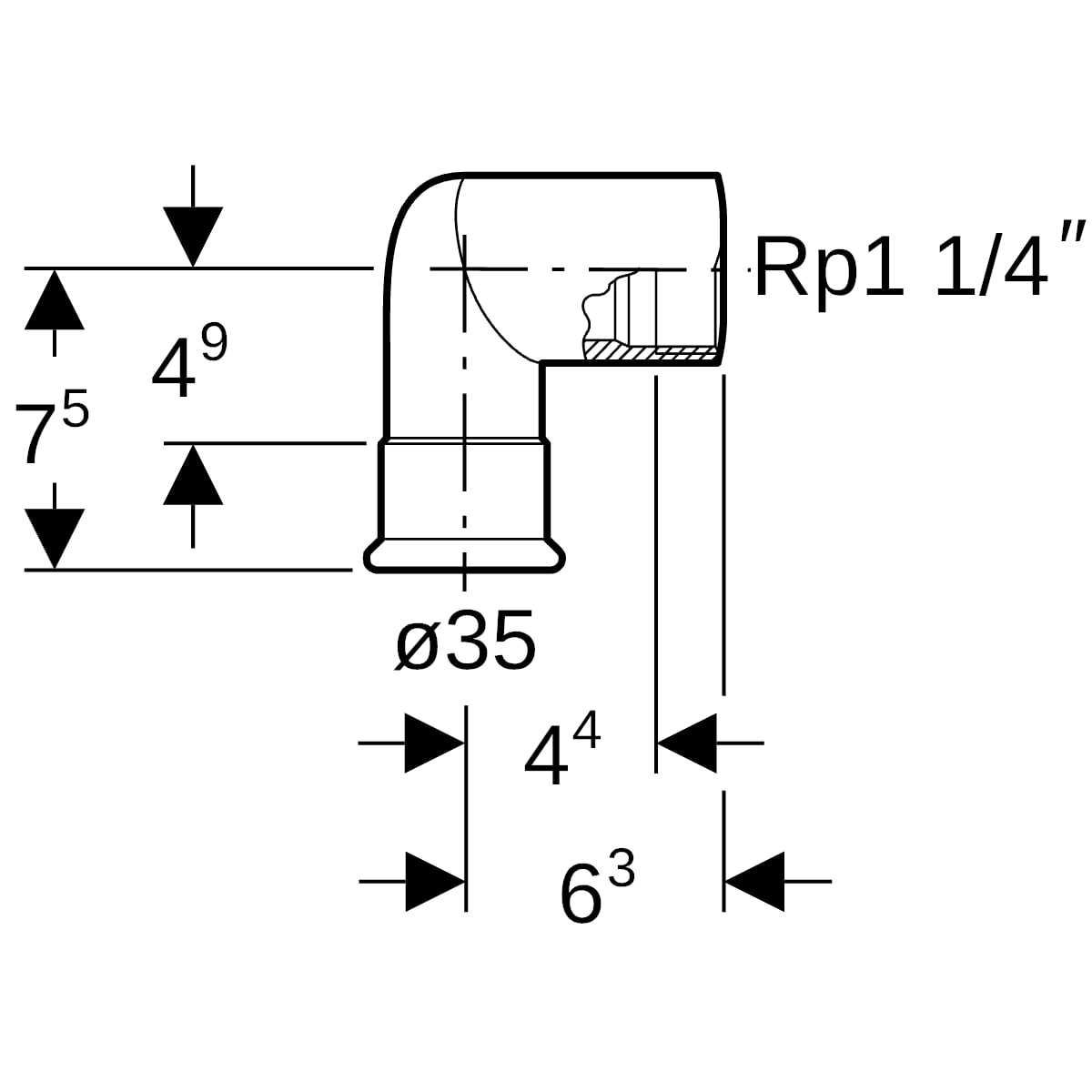 Geberit Mapress Edelstahl Übergangswinkel 90 Grad mit IG (LABS-frei) d35-Rp1 1/4 83807