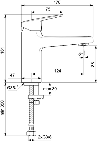 Ideal Standard Waschtischarmatur Ceraplan H90 ohne Ablaufgarnitur Ausladung 124mm chrom BD222AA