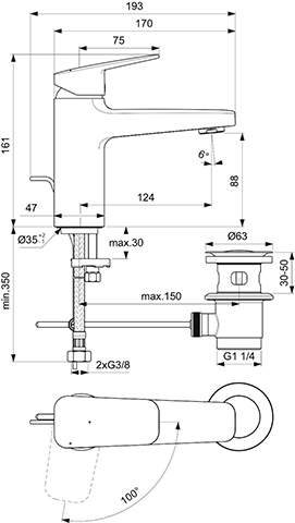Ideal Standard Waschtischarmatur Ceraplan H90 mit Ablaufgarnitur Ausladung 124mm BlueStart chrom BD228AA