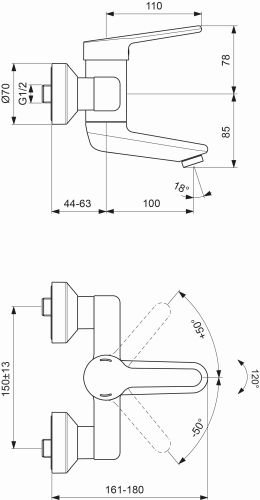 Ideal Standard Ceraplus 2 Wand-Waschtischarmatur 144mm chrom, Ausladung 144-163mm, 5 l/min BC114AA