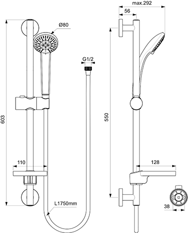 Ideal Standard Idealrain Brausekombination 600mm - S3, chrom, 3-Funktionshandbrause B9503AA
