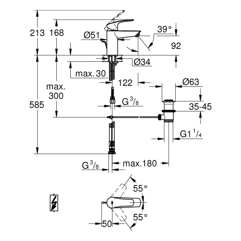 Grohe Niederdruck Einhand-Waschtisch-Batterie Eurosmart S-Size chrom Zugstangen-Ablaufgarnitur 23459003