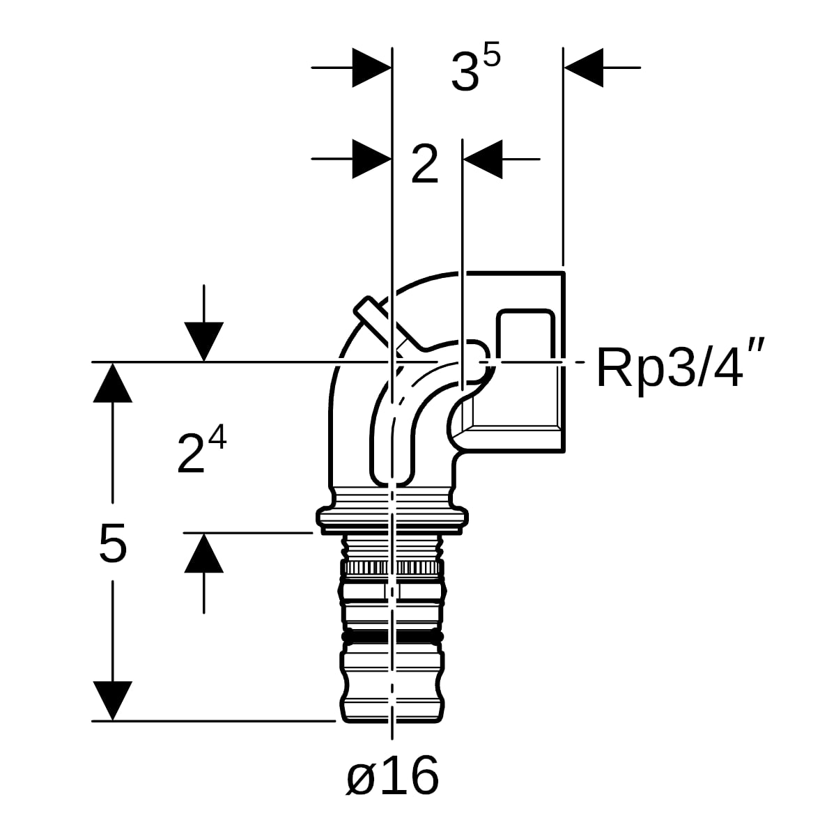 Geberit Mepla Übergangsbogen 90 Grad mit IG d16-Rp3/4" 601.257.00.5