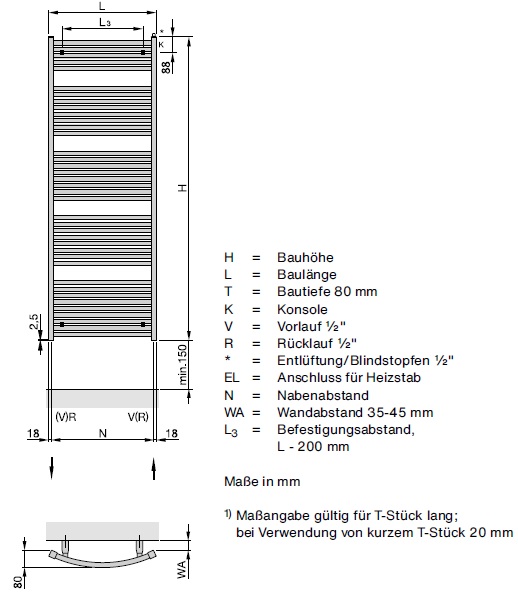 Zehnder Zeno T ZNT-170-075 Badheizkörper H: 168,8 B: 74,5cm, weiß ZZ300375B100000