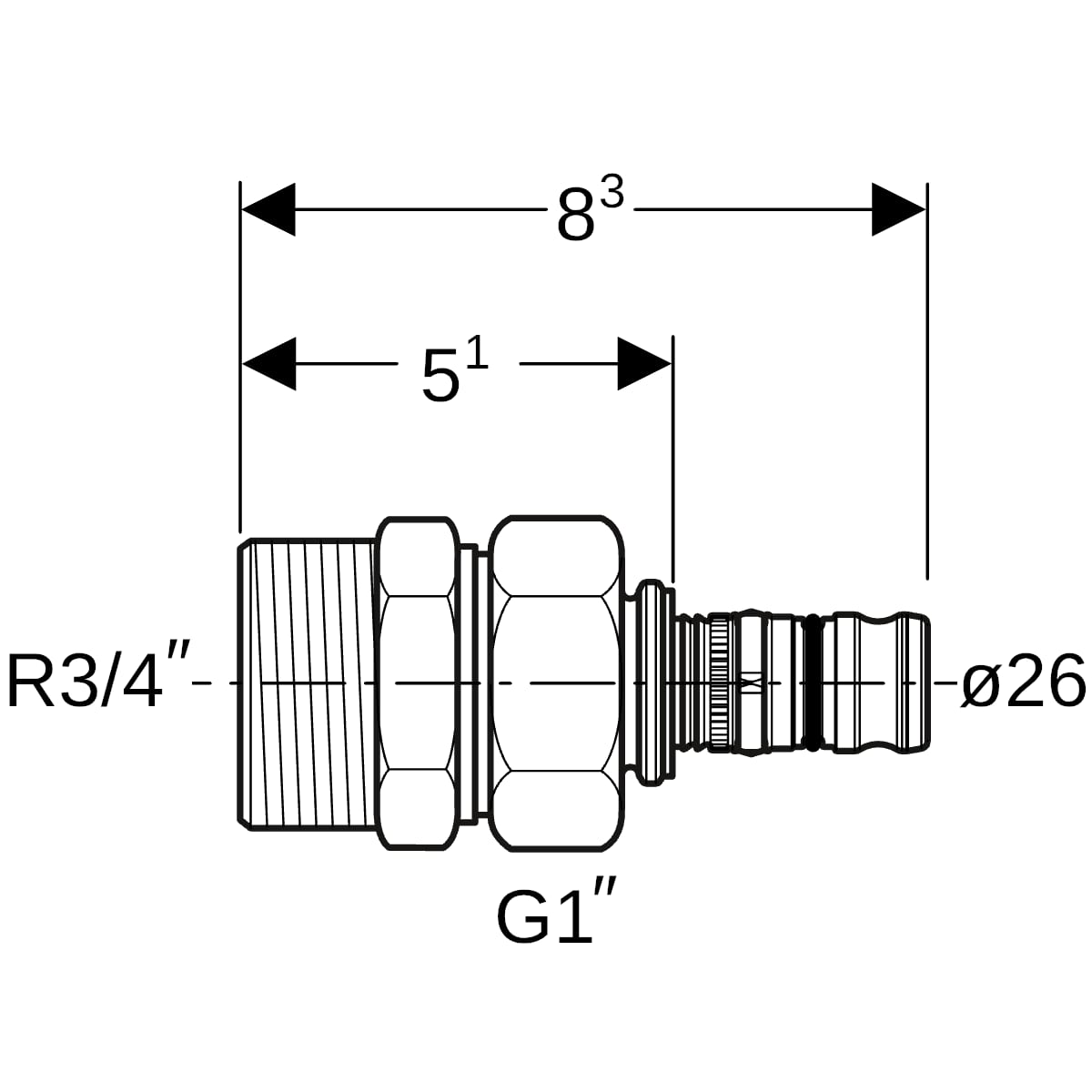 Geberit Mepla Übergangsverschraubung mit AG Rotguss d26-R3/4 603.590.00.5