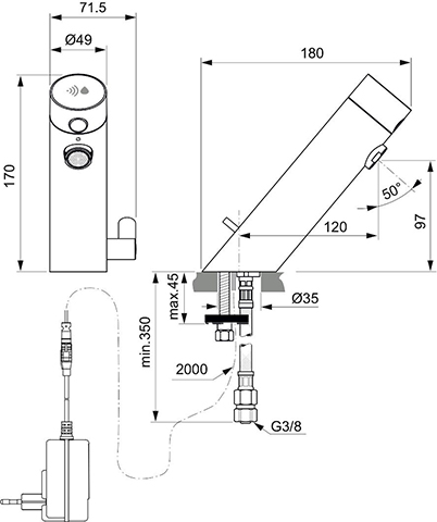 Ideal Standard Waschtischarmatur Sensorflow Netzteil chrom mit Mischung Ausladung 120mm A7558AA