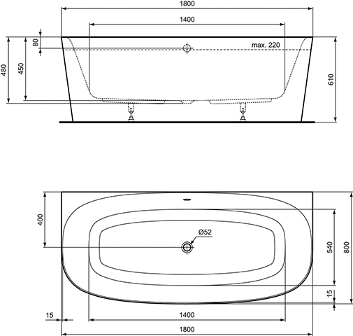 Ideal Standard DEA Duo-Badewanne 180x80x47,5/61cm T994101 weiß