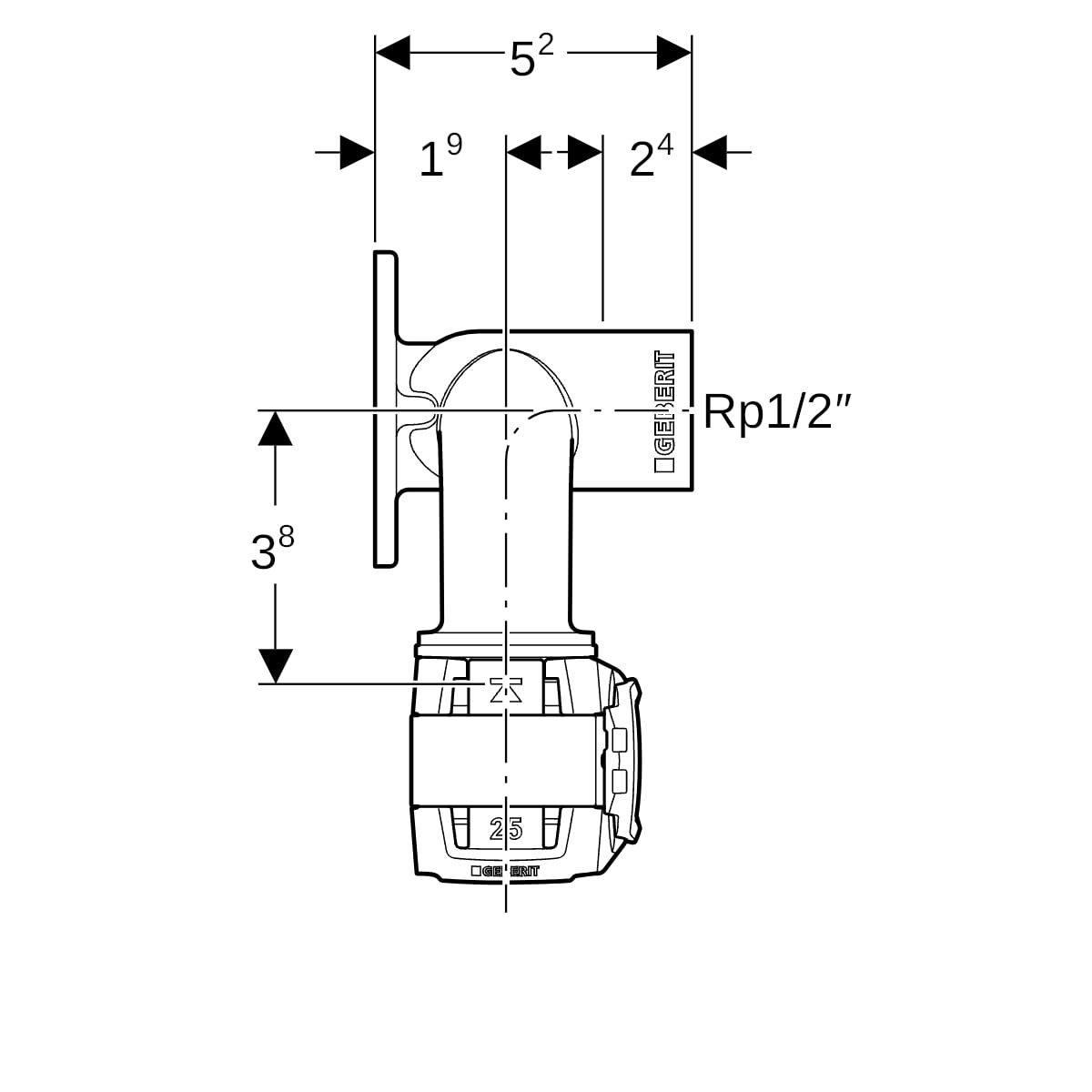 Geberit FlowFit Doppelanschlusswinkel 90 Grad Rg+ d20-Rp1/2-d16 L:52mm 620.841.00.1