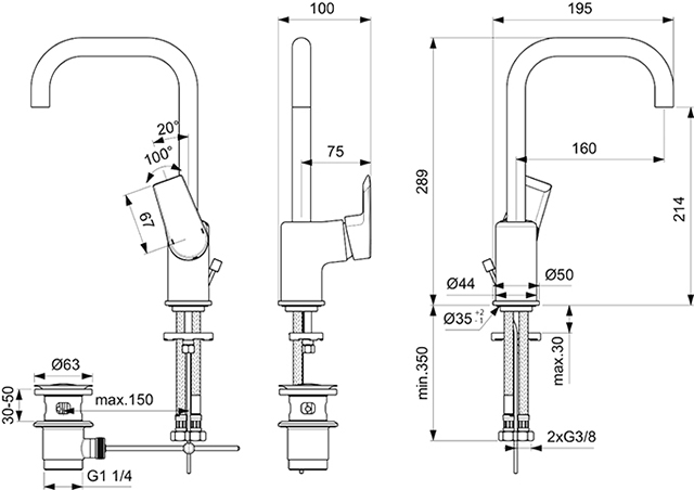 Ideal Standard Tesi Waschtischarmatur mit Ablaufgarnitur chrom, Ausladung 160mm, 5 l/min. A6571AA