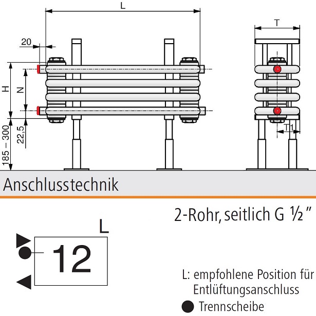 Arbonia Bank-Radiator 6-Säuler H: 31,5 L: 300cm Modell 7F6300-A12