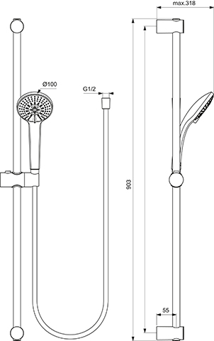 Ideal Standard Brausekombination Idealrain, 900mm 3-Funktionshandbrause d:100mm, chrom BC797AA