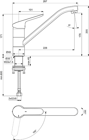 Ideal Standard Küchenarmatur Ceraflex, mit Rohrauslauf Ausladung 228mm, Vorfenstermontage, chrom BC132AA