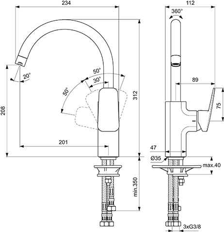 Ideal Standard Küchenarmatur Ceraplan Ausladung 200mm mit hohem Rohrauslauf Niederdruck chrom BD335AA