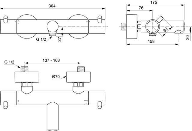 Ideal Standard Badethermostat AP Ceratherm T125 Pin-Griffe chrom A7588AA