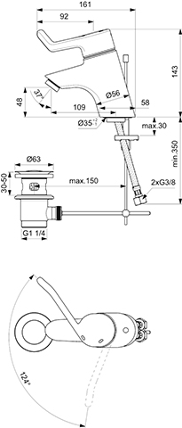 Ideal Standard Ceraplus Waschtischsicherheitsarmatur 120mm mit Ablaufgarnitur chrom, Bedienhebel 120mm, Ausladung 108mm B8218AA
