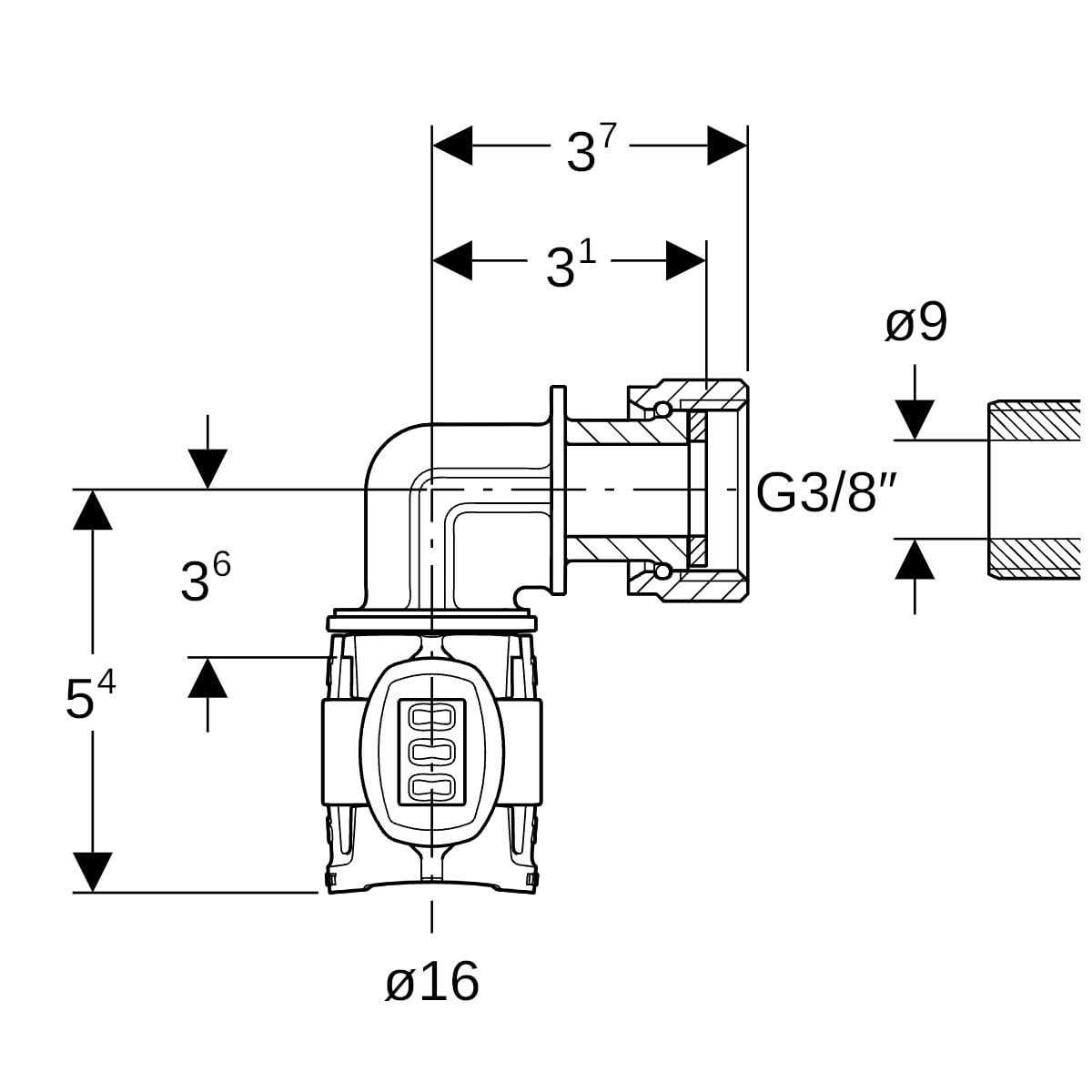 Geberit FlowFit Übergangsbogen 90 Grad mit Überwurfmutter, SiBr d16-G3/8 620.685.00.1