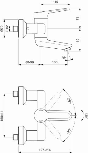 Ideal Standard Ceraplus 2 Wand-Waschtischarmatur 180mm chrom, Ausladung 180-199mm, absperrbaren S-Anschlüssen BC110AA