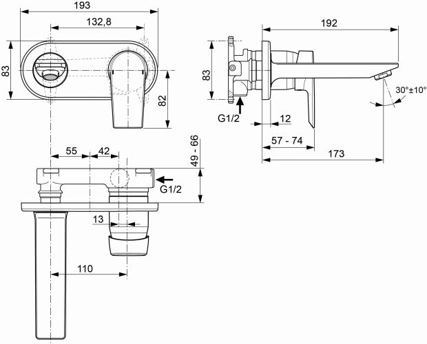 Ideal Standard Tesi Wand-Waschtischarmatur chrom, Ausladung 173mm, 5 l/min, Bausatz 2 A6578AA
