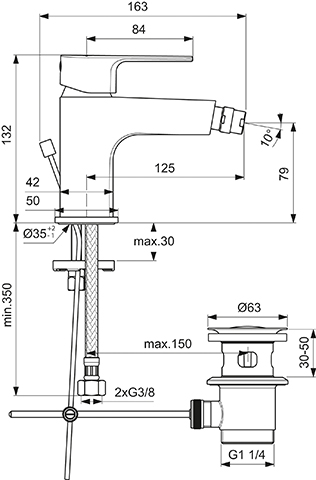 Ideal Standard Bidetarmatur Cerafine D mit Ablaufgarnitur, Ausladung 124mm, chrom BC691AA