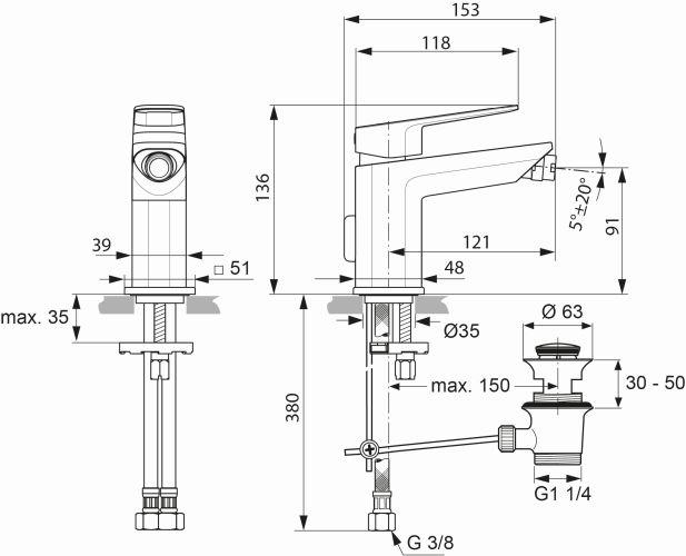 Ideal Standard Bidetarmatur Tonic II, mit Ablaufgarnitur Ausladung 121mm, chrom A6336AA