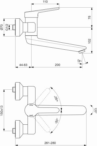 Ideal Standard Ceraplus 2 Wand-Waschtischarmatur 244mm chrom, Ausladung 244-263mm, 5 l/min BC116AA