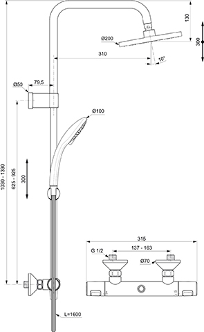 Ideal Standard Duschsystem Ceratherm T25 länge einstellbar fix, chrom A7701AA