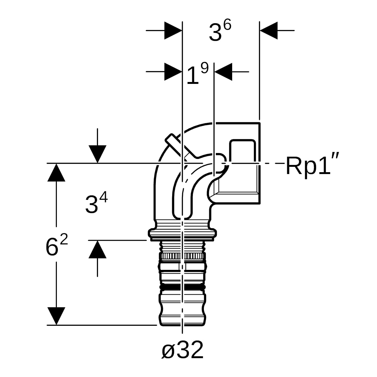 Geberit Mepla Übergangsbogen 90 Grad mit IG Rotguss d32-Rp1 604.258.00.5