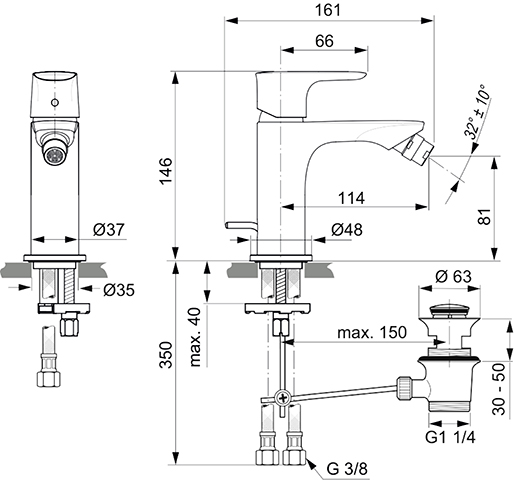 Ideal Standard Bidetarmatur Connect Air Ausladung 114mm, mit Ablaufgarnitur, chrom A7030AA