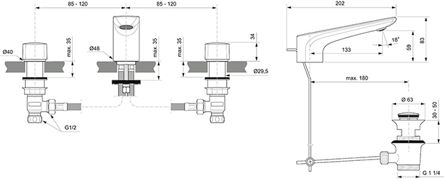 Ideal Standard 3-Loch-Waschtischarmatur Conca, mit Ablaufgarnitur, Ausladung 133mm, chrom BC759AA