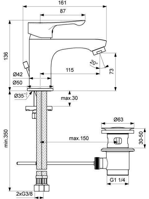 Ideal Standard Waschtischarmatur Alpha, mit Ablaufgarnitur Ausladung 115mm, chrom BC647AA