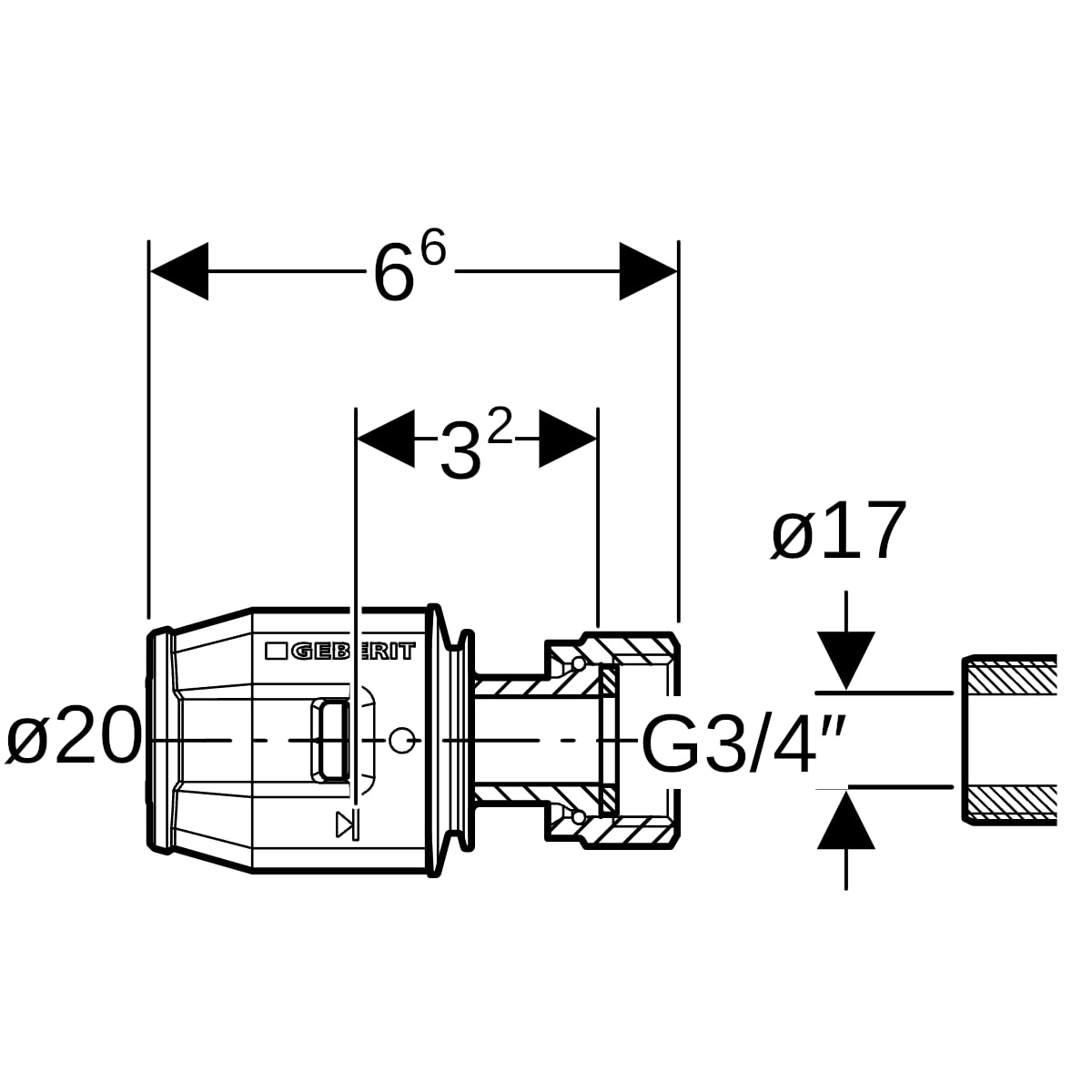 Geberit PushFit Übergang mit Überwurfmutter Rotguss d20-G3/4 651.582.00.1