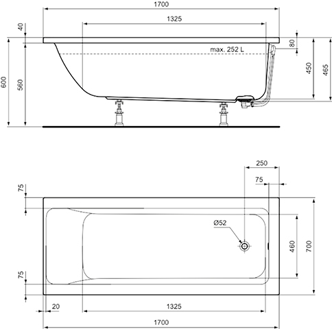 Ideal Standard Connect Air Körperform-Badewanne 170x70x47,5cm T361701 weiß
