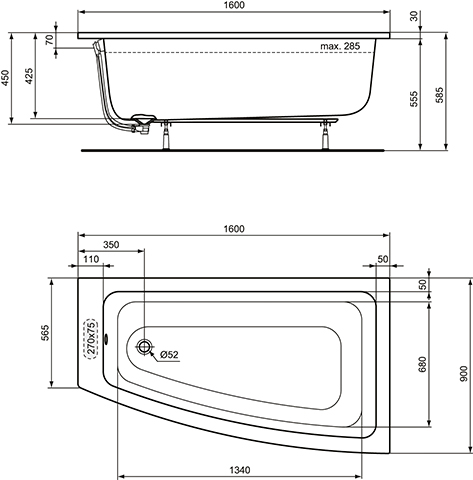 Ideal Standard i.life Duschbadewanne 160x90cm T476901 weiß