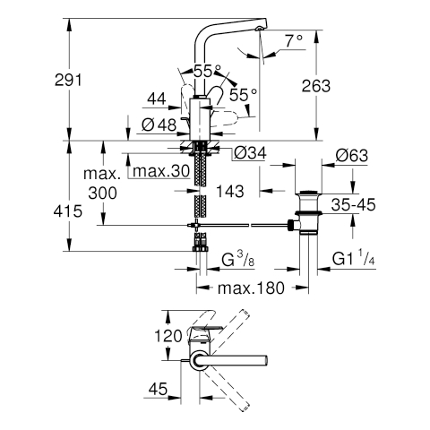 Grohe Eurodisc C Einhand-Waschtischbatterie chrom L-Size Grohe Zero 23054003