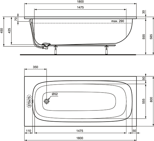 Ideal Standard i.life Körperform-Badewanne 180x80cm T476201 weiß