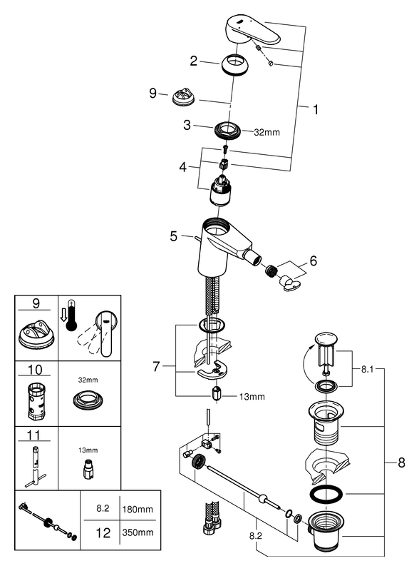 Grohe Eurodisc C Einhand-Bidetbatterie chrom mit Zugstangen-Ablaufgarnitur 33244002