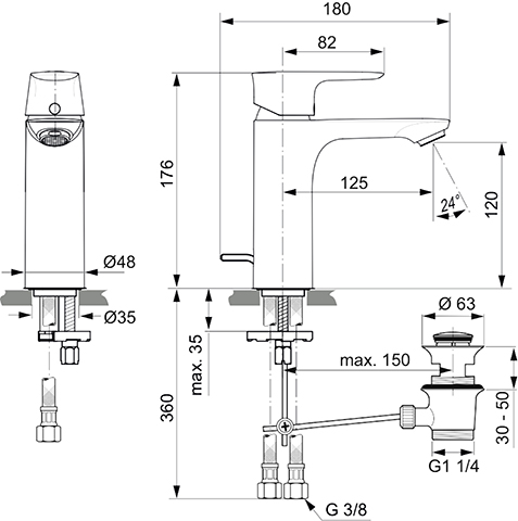 Ideal Standard Connect Air Waschtischarmatur Grande mit Ablaufgarnitur chrom, Ausladung 125mm, 5 l/min A7053AA