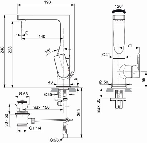 Ideal Standard Edge Waschtischarmatur mit hohem schwenkbarem Auslauf mit Ablaufgarnitur chrom, Ausladung 140mm, 5 l/min A7110AA