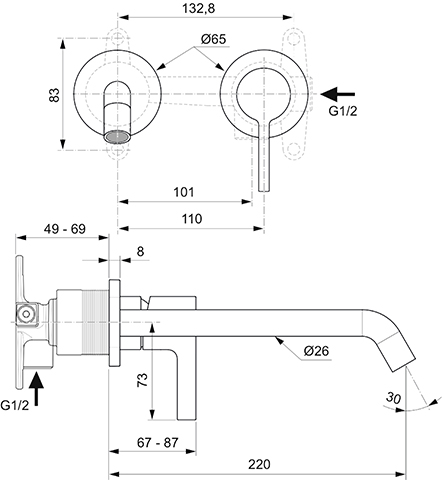 Ideal Standard Wand-Waschtischarmatur JOY, BS2 Ausladung 180mm rund runde Rosette, chrom A7378AA