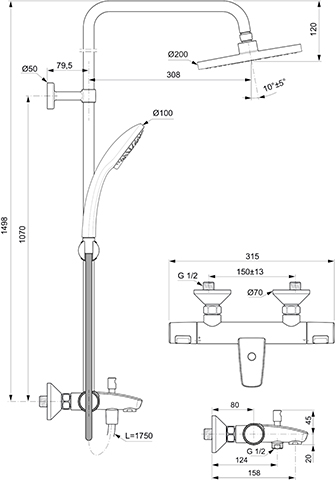 Ideal Standard Duschsystem Ceratherm T25 mit Badearmatur, chrom A7590AA