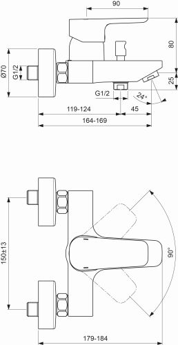 Ideal Standard Ceraplan III Badearmatur Aufputz Ausladung 164-169mm, chrom B0718AA