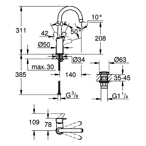 Grohe Einhand-Waschtisch-Batterie Eurosmart L-Size chrom Push-open Ablaufgarnitur 23970003