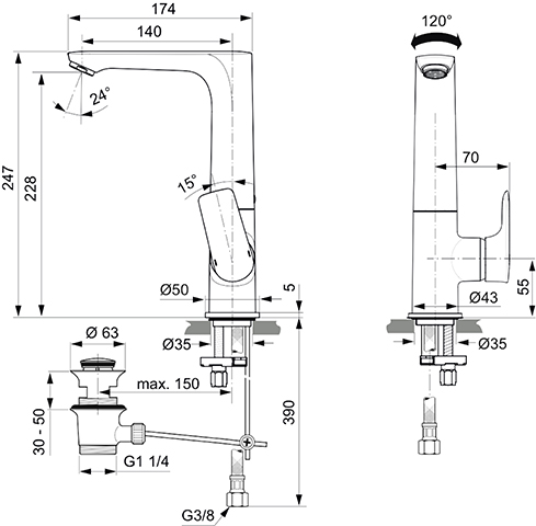 Ideal Standard Connect Air Waschtischarmatur mit Ablaufgarnitur chrom, Ausladung 140mm, 5 l/min A7020AA
