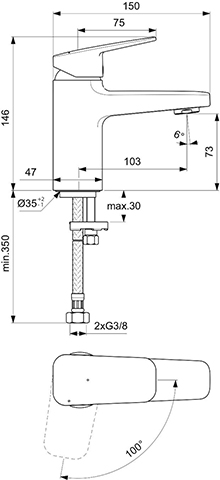 Ideal Standard Waschtischarmatur Ceraplan H75 ohne Ablaufgarnitur Ausladung 103mm BlueStart chrom BD211AA