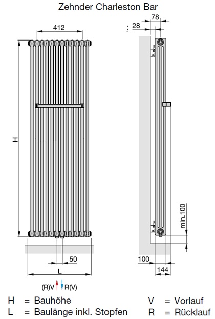 Zehnder Charleston CPV3180-16 Badheizkörper H: 180 B: 76,1cm, mit Handtuchhalter, weiß ZCA34416B115000