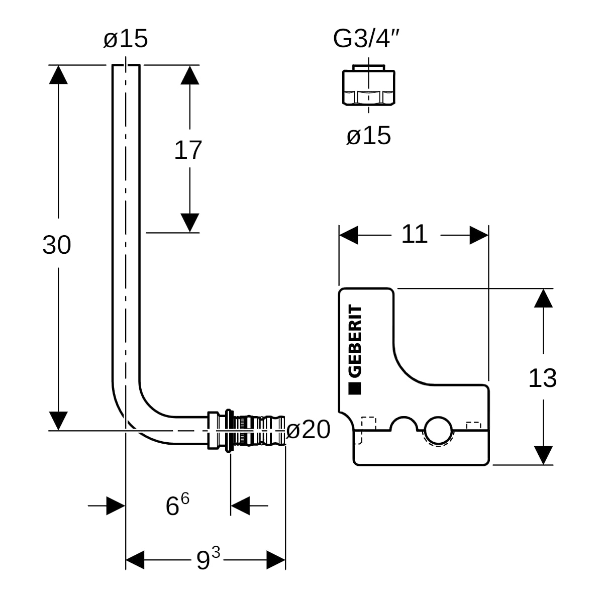 Geberit Mepla Metallrohr-Anschlussbogen 90 Grad mit Anschlussverschraubung d20-15-L30 612.250.22.7