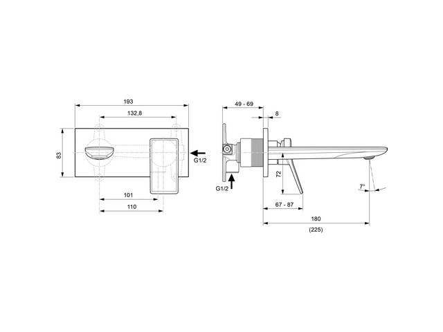 Ideal Standard Wand-Waschtischarmatur Conca, BS2 Ausladung 180mm eckige Rosette, chrom A7372AA