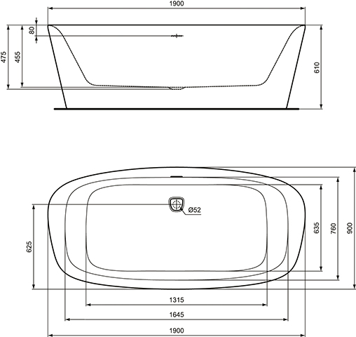Ideal Standard DEA Duo-Badewanne,freistehend,190x90x47,5/61cm K8722V1 weiß