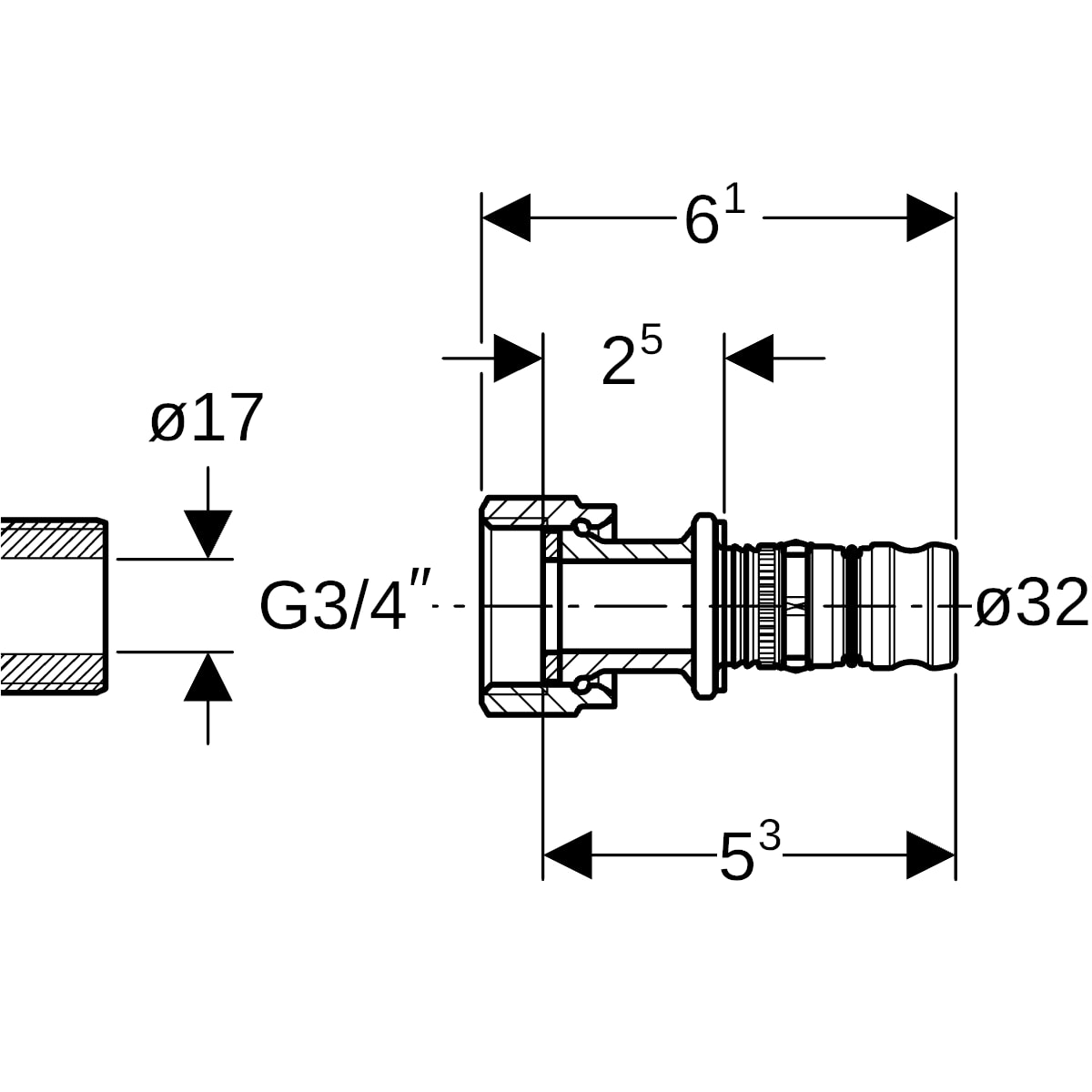 Geberit Mepla Übergang mit Überwurfmutter Rotguss d32-G3/4 604.583.00.5