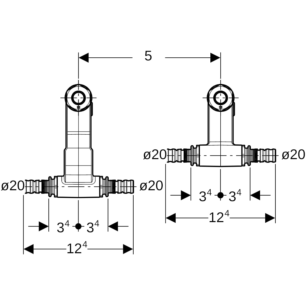 Geberit Mepla Set Anschluss-T-Stück für Vorlauf/Rücklauf mit Anschlussverschraubung d20-15-20 612.361.22.7